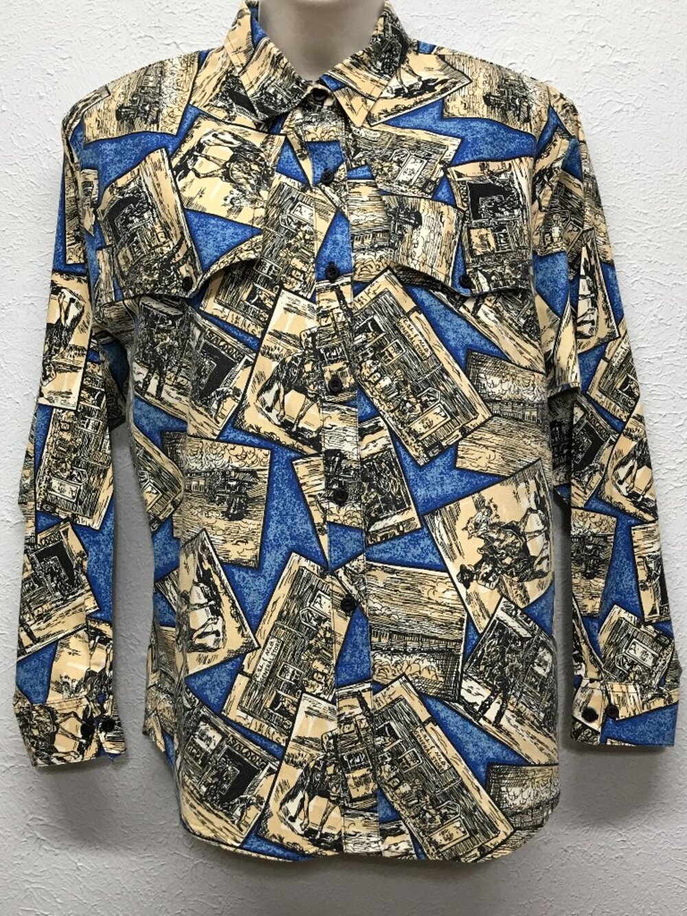 Ruddock Bros Shirt Womens M Blue Cowboy Western Shoulder Pads Novelty Print 90s